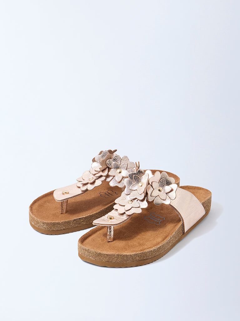 LUNA BLU Rose Gold Floral Thong-Strap Leather Sandals