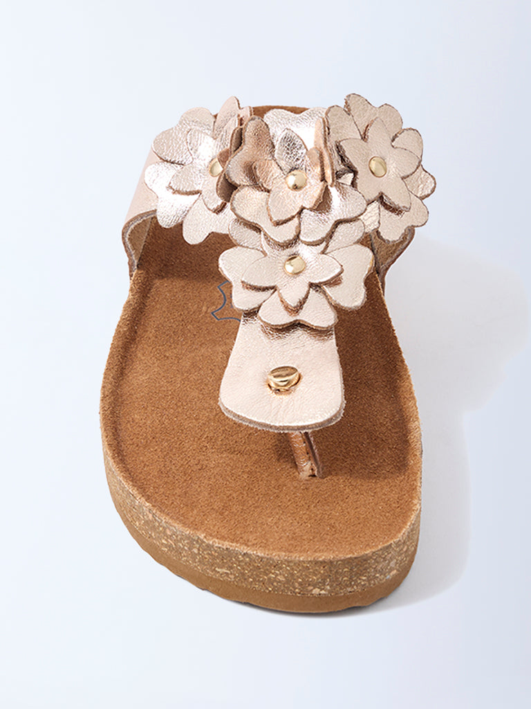 LUNA BLU Rose Gold Floral Thong-Strap Leather Sandals