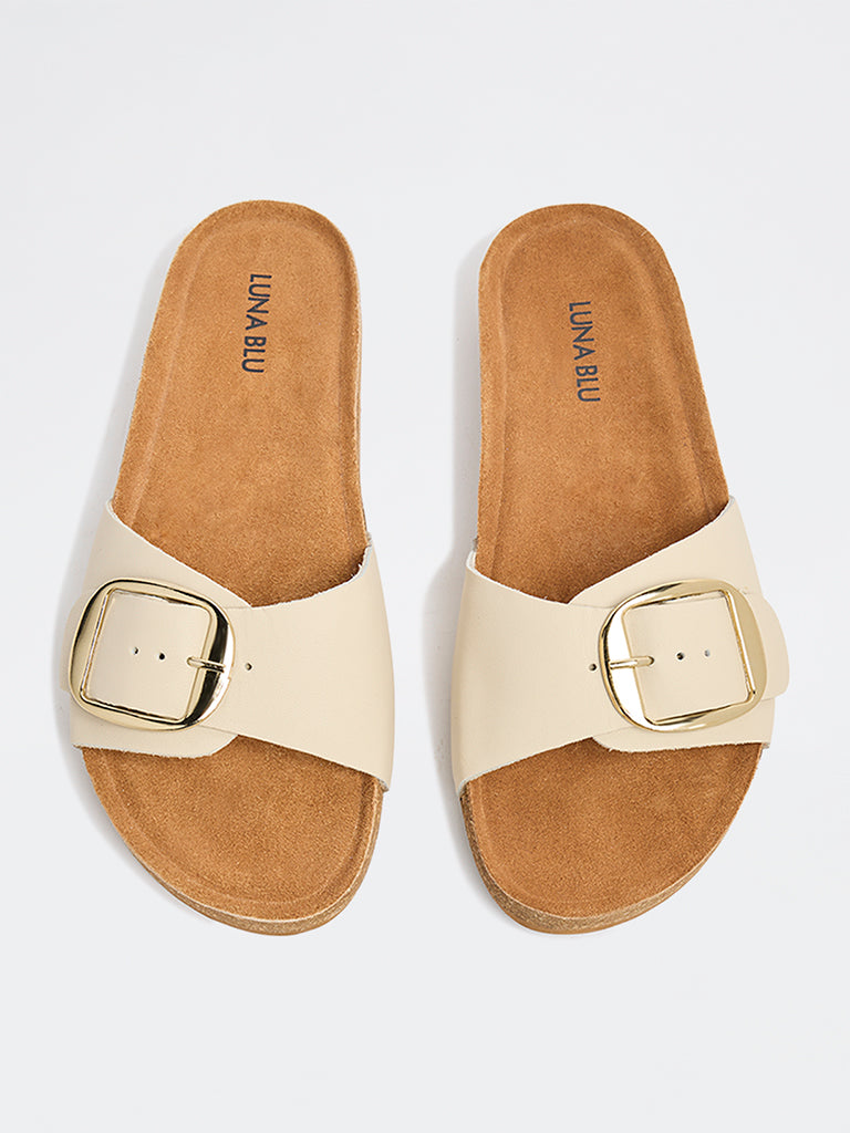 LUNA BLU Ivory Buckle-Strap Comfort Slides