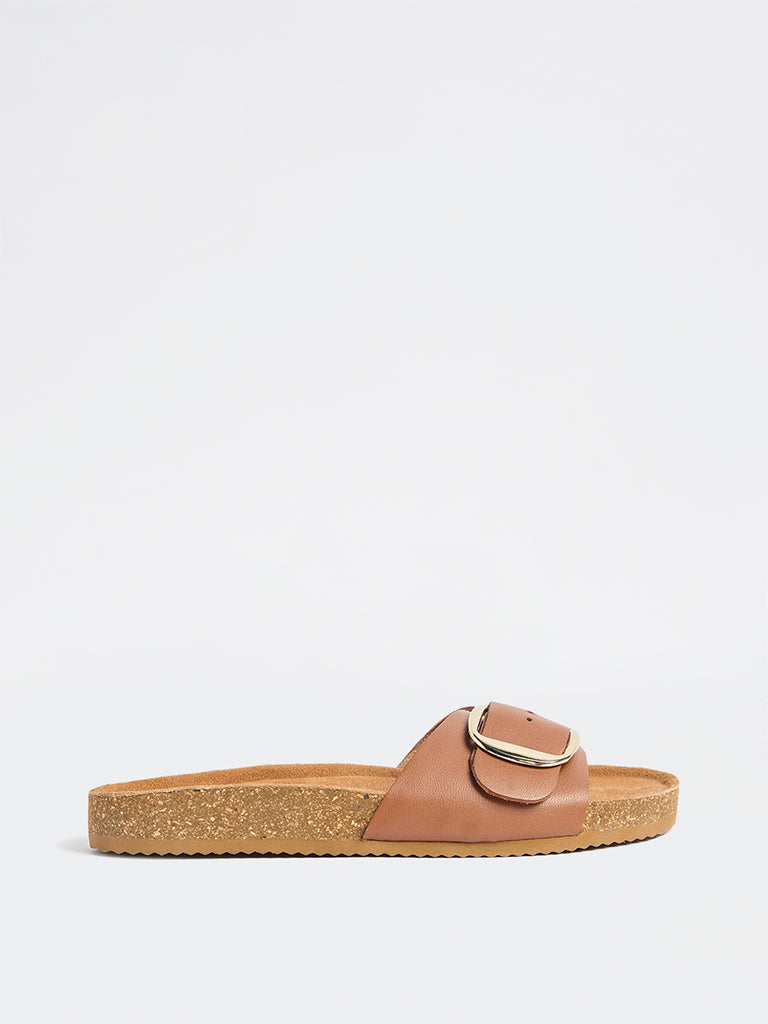 LUNA BLU Tan Buckle-Detailed Slides