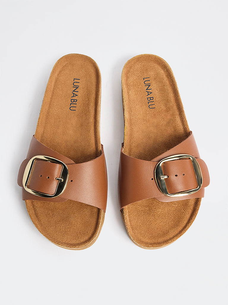 LUNA BLU Tan Buckle-Detailed Slides