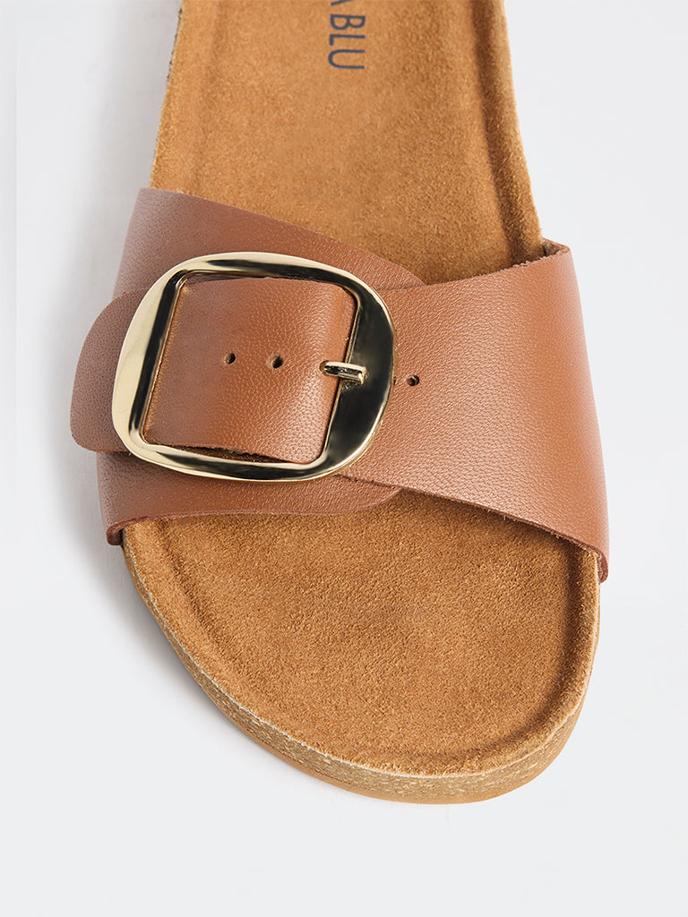 LUNA BLU Tan Buckle-Detailed Slides