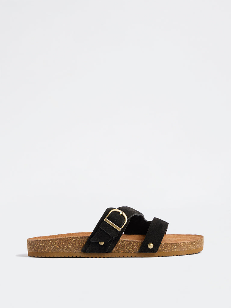 LUNA BLU Black Buckle-Detailed Slip-On Sandals