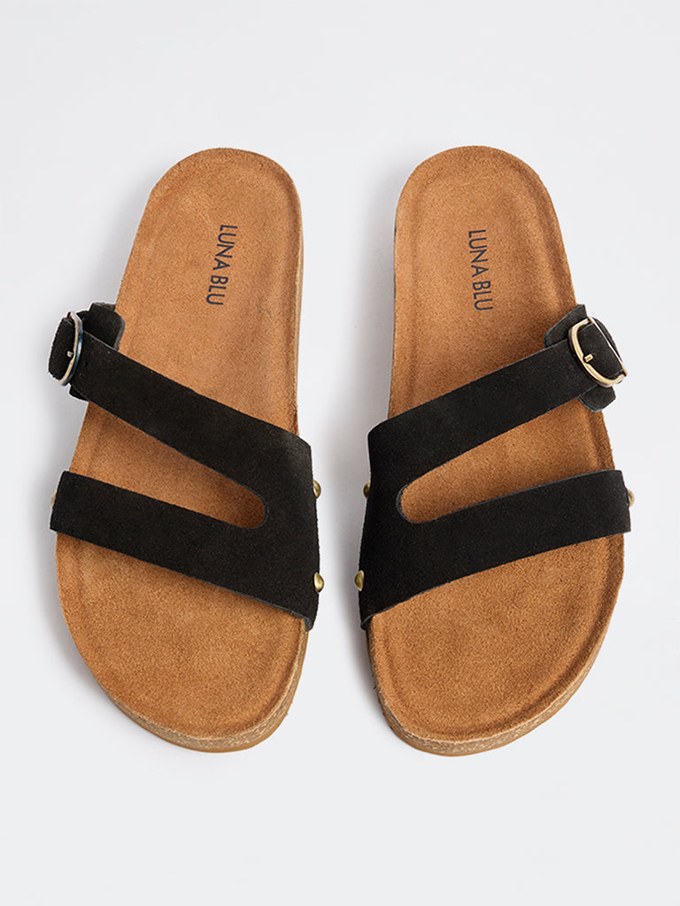 LUNA BLU Black Buckle-Detailed Slip-On Sandals