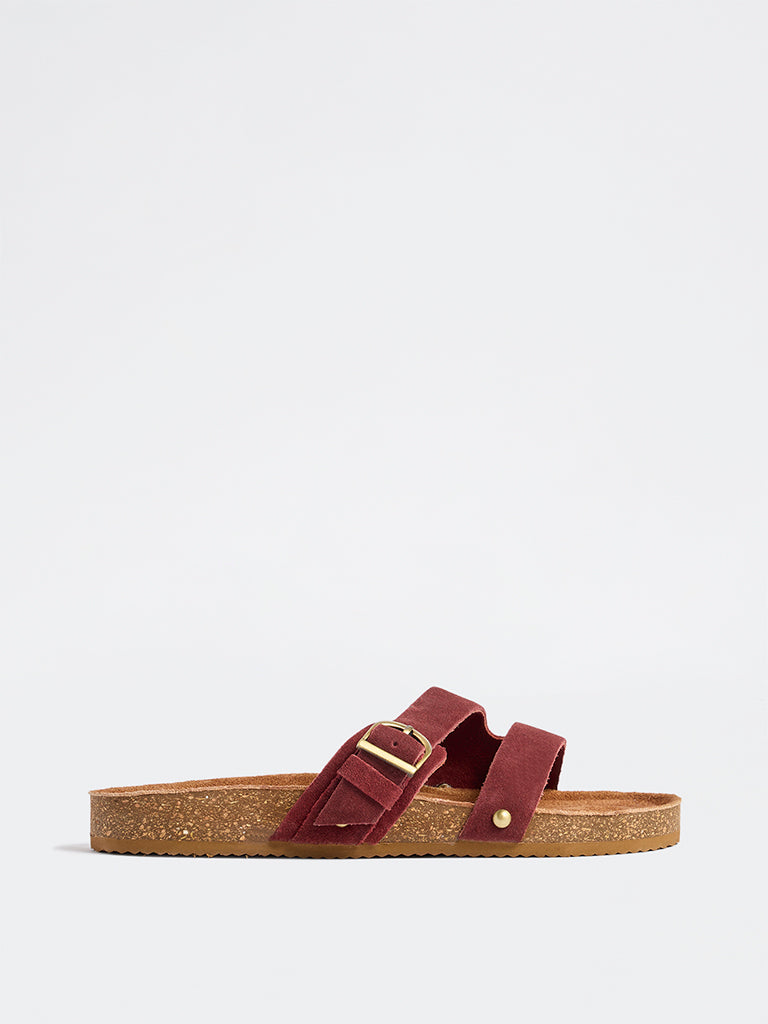LUNA BLU Burgundy Buckle-Detailed Slip-On Sandals