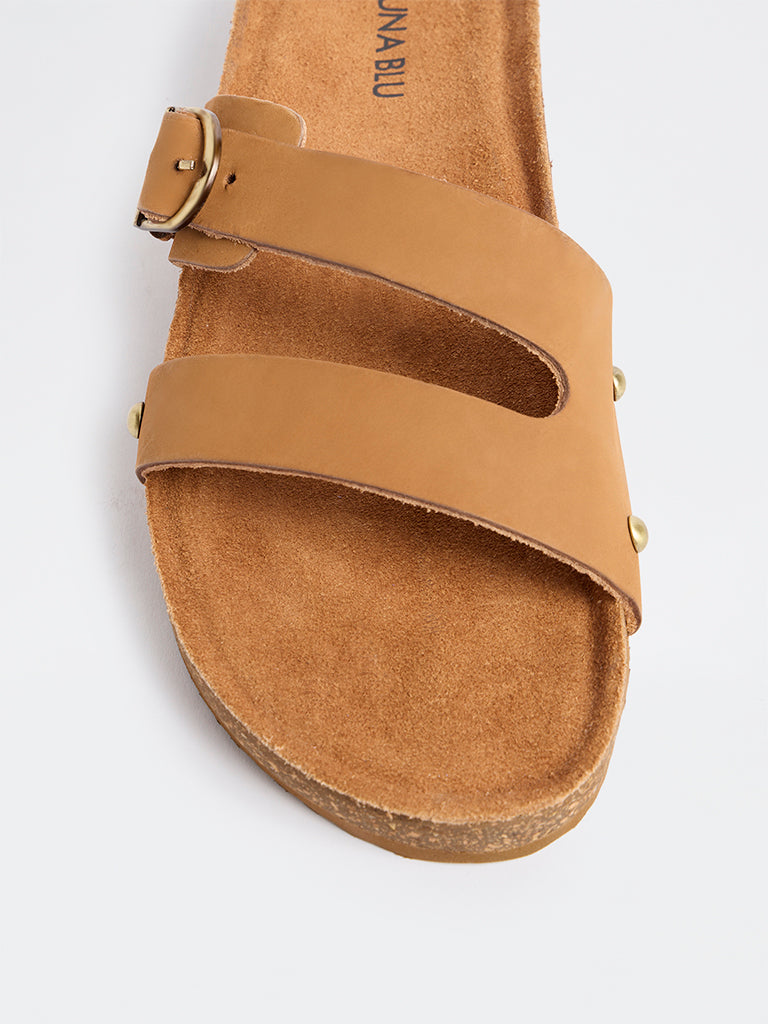 LUNA BLU Tan Buckle-Detailed Slip-On Sandals