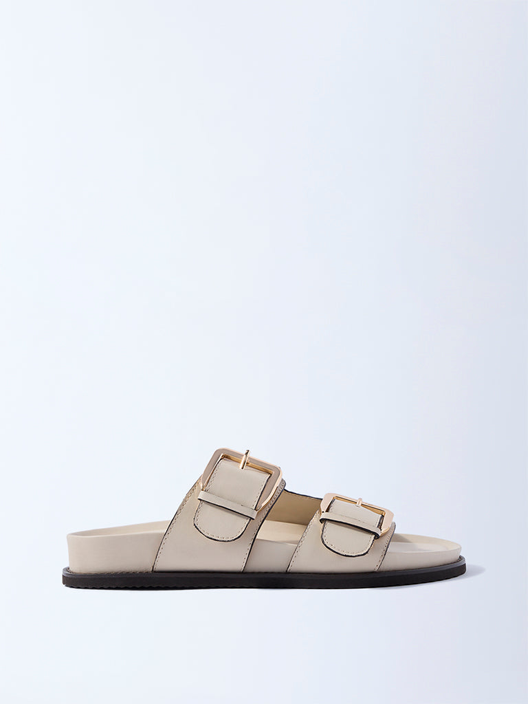 LUNA BLU Ivory Buckled Slip-On Sandals