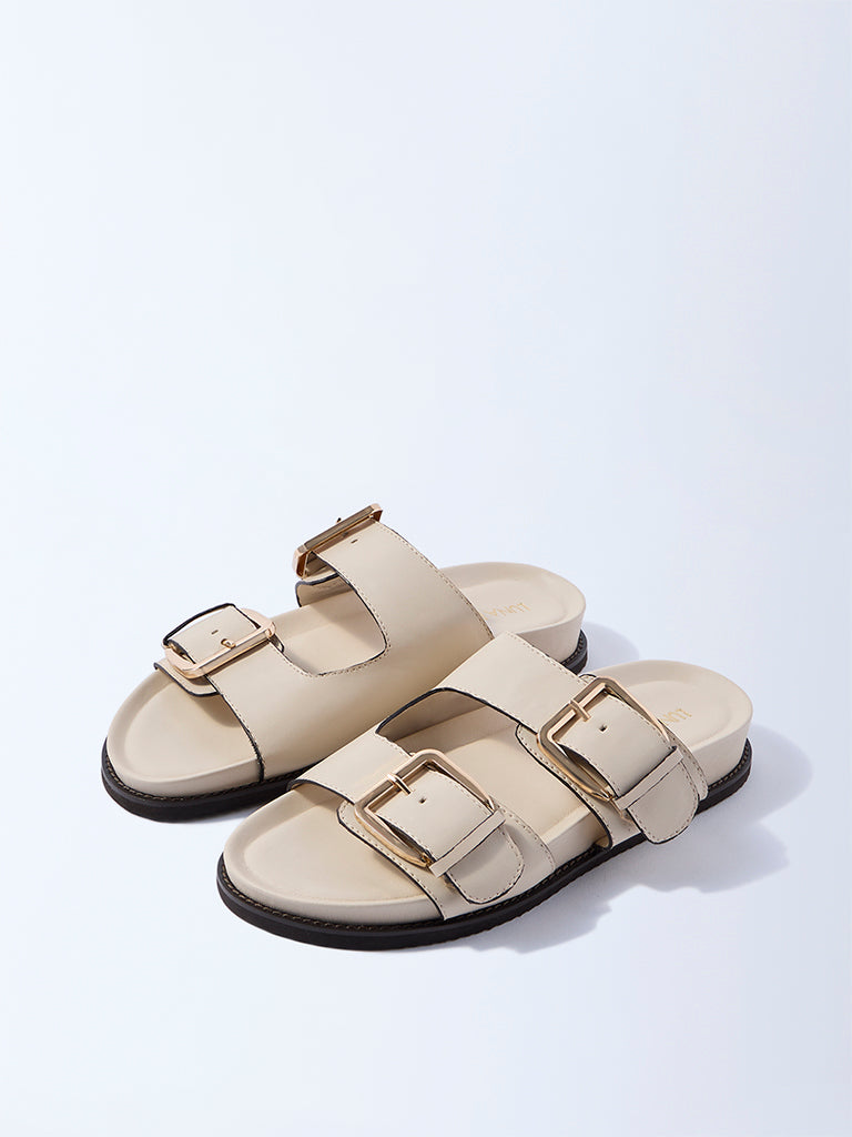 LUNA BLU Ivory Buckled Slip-On Sandals