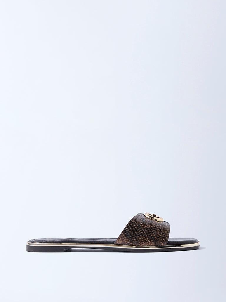 LUNA BLU Dark Brown Buckle-Detailed Slides