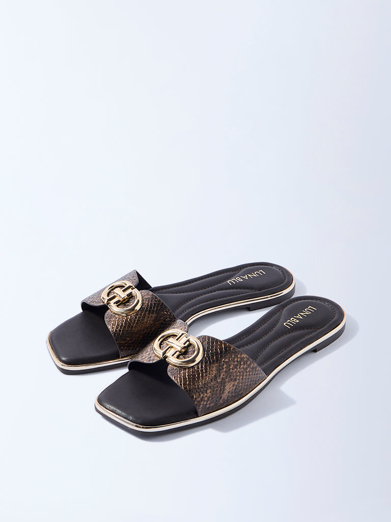 LUNA BLU Dark Brown Buckle-Detailed Slides