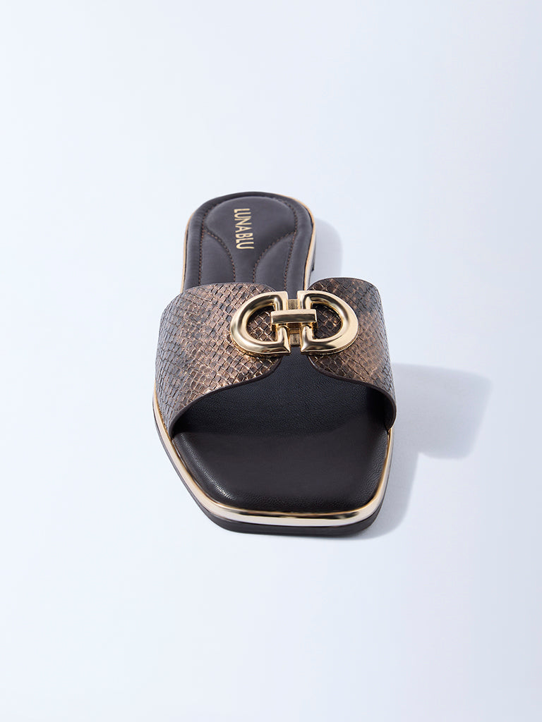 LUNA BLU Dark Brown Buckle-Detailed Slides