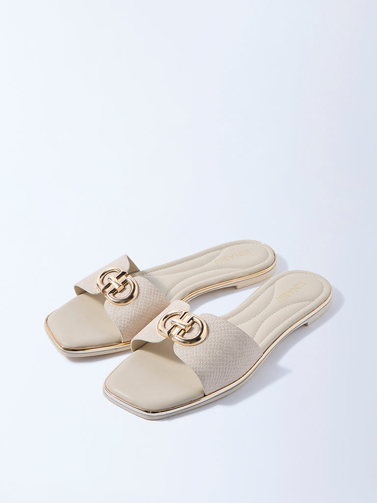 LUNA BLU Ivory Buckle-Detailed Slides