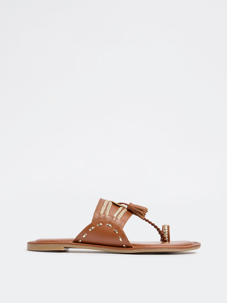 LUNA BLU Tan Tassel Detailed Kolhapuri Sandals