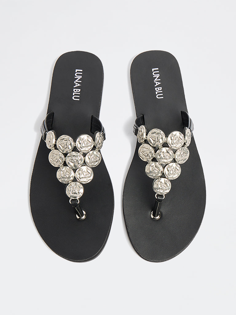 LUNA BLU Black Embellished Thong Slides