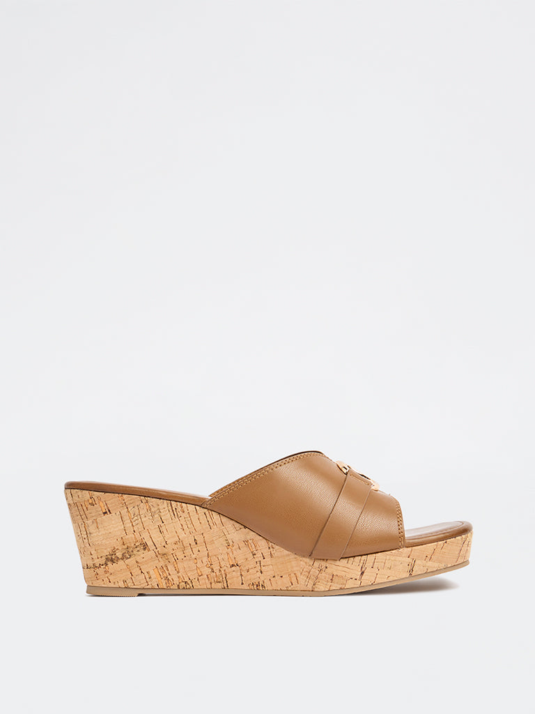 LUNA BLU Tan Hardware-Detailed Wedges Sandals