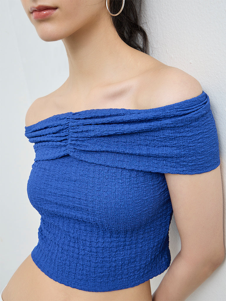 Nuon Blue Textured Off-Shoulder Top