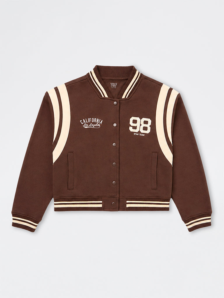Girls Brown Printed Cotton-Blend Varsity Jacket