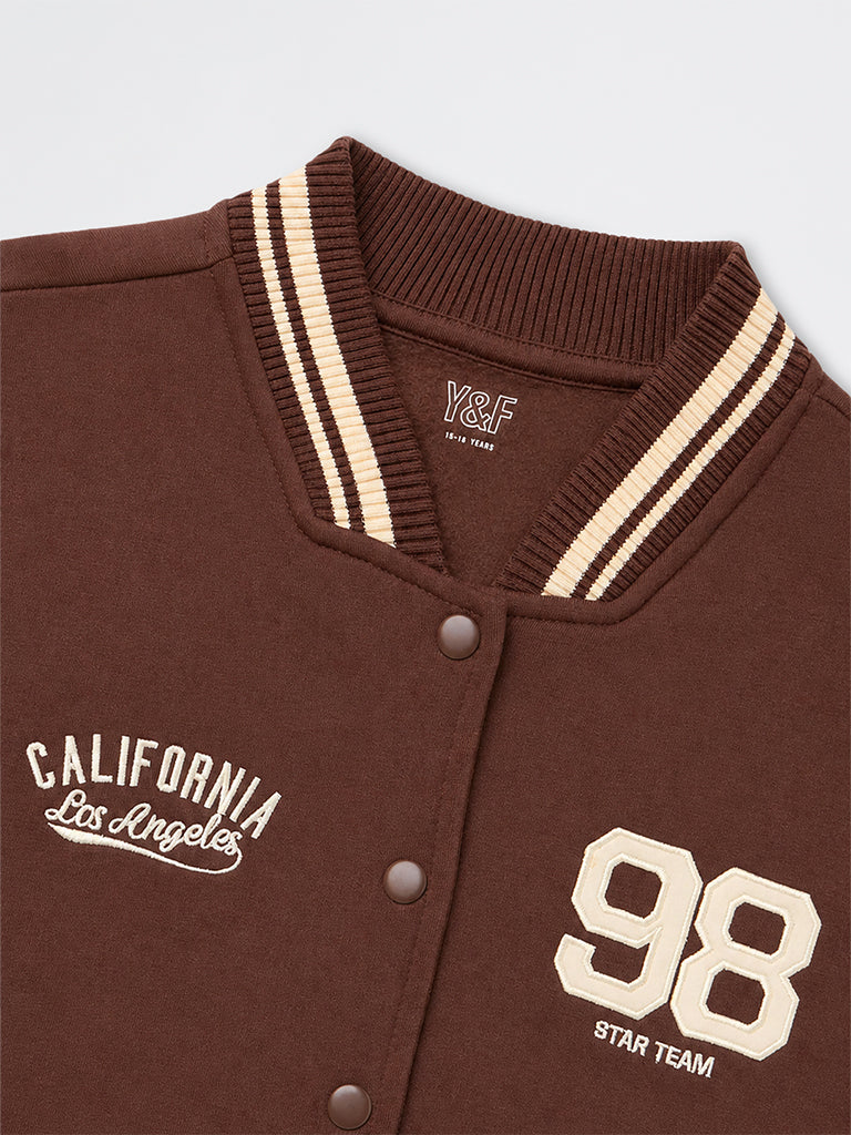 Girls Brown Printed Cotton-Blend Varsity Jacket