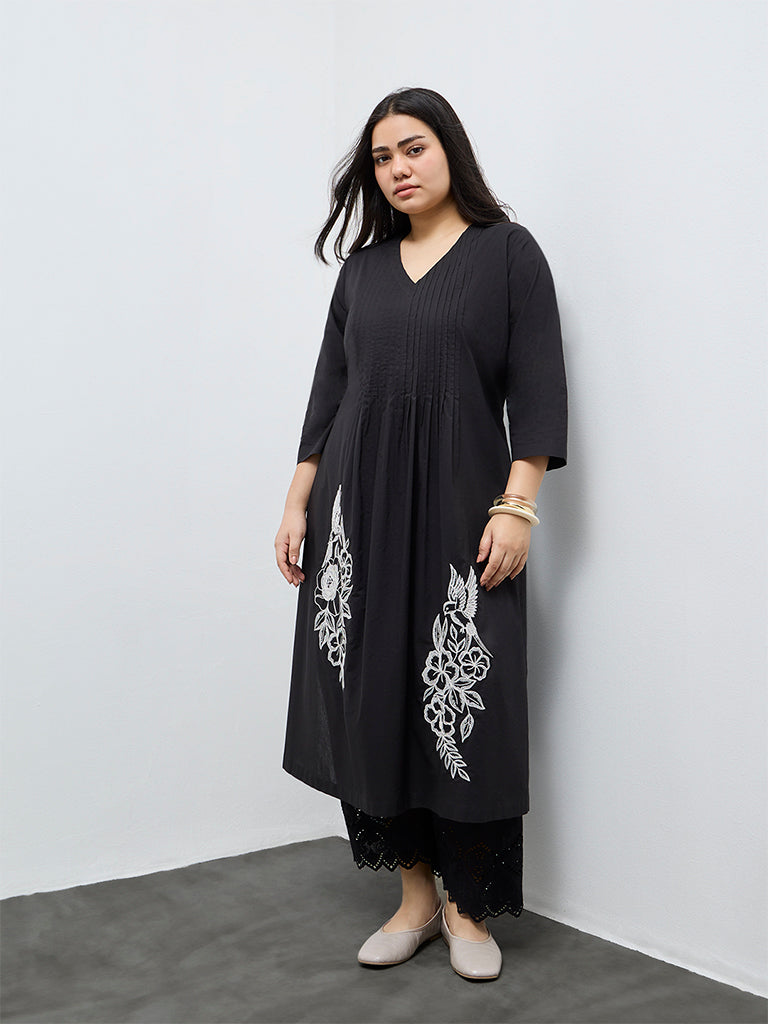 Diza Black Embroidered Cotton A-Line Kurta