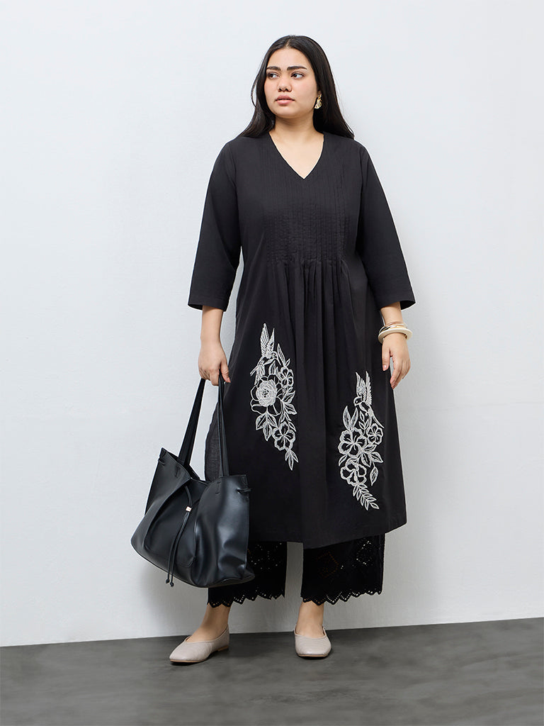 Diza Black Embroidered Cotton A-Line Kurta