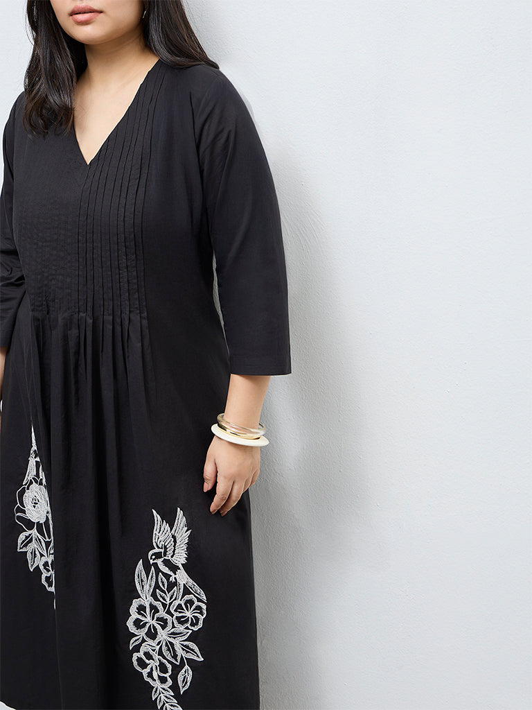 Diza Black Embroidered Cotton A-Line Kurta