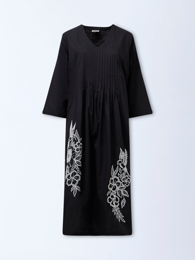 Diza Black Embroidered Cotton A-Line Kurta