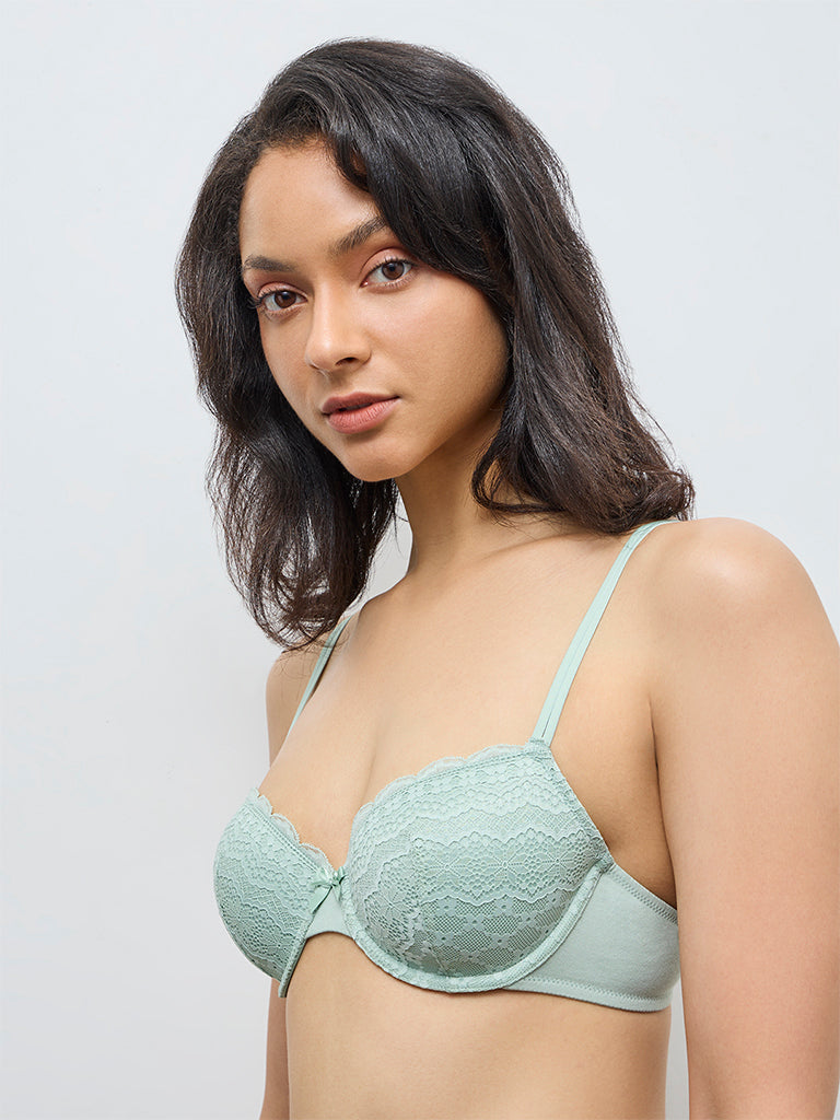 Wunderlove Mint Lace Detailed Cotton-Blend Underwired Bra