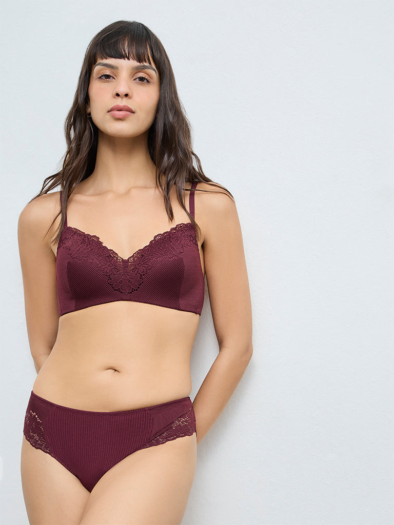 Wunderlove Wine Lace Design Ribbed Padded Bra