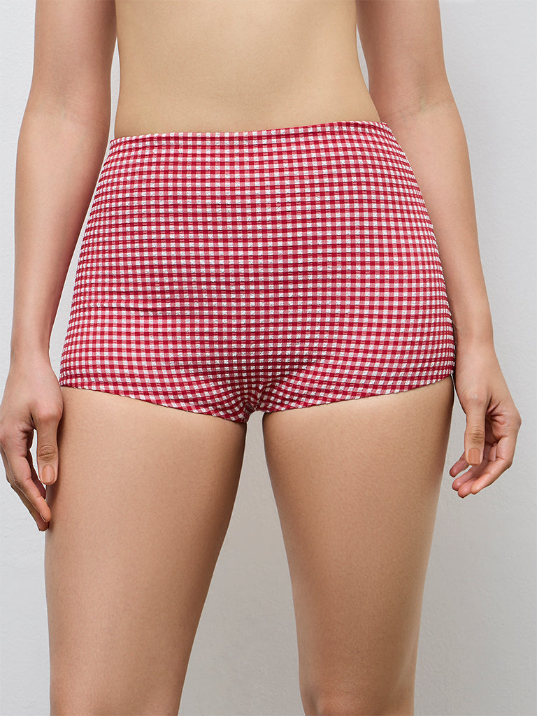 Wunderlove Red Checkered Hi-Waist Boy Shorts Briefs