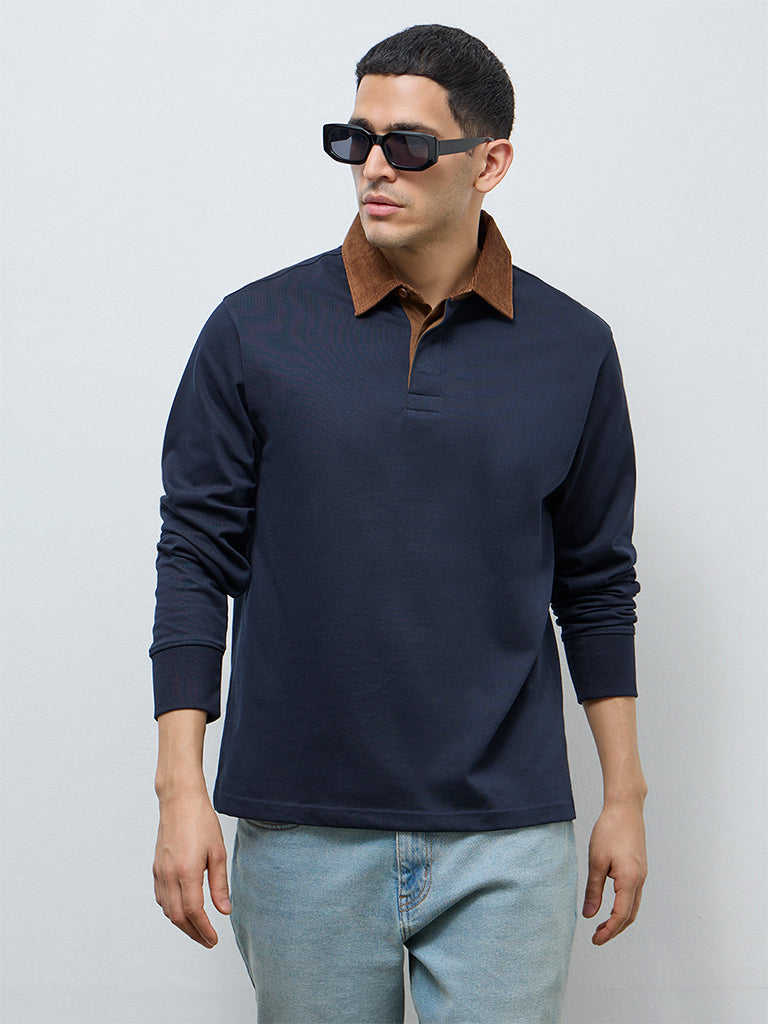 WES Casuals Navy Solid Relaxed-Fit Cotton Polo T-Shirt