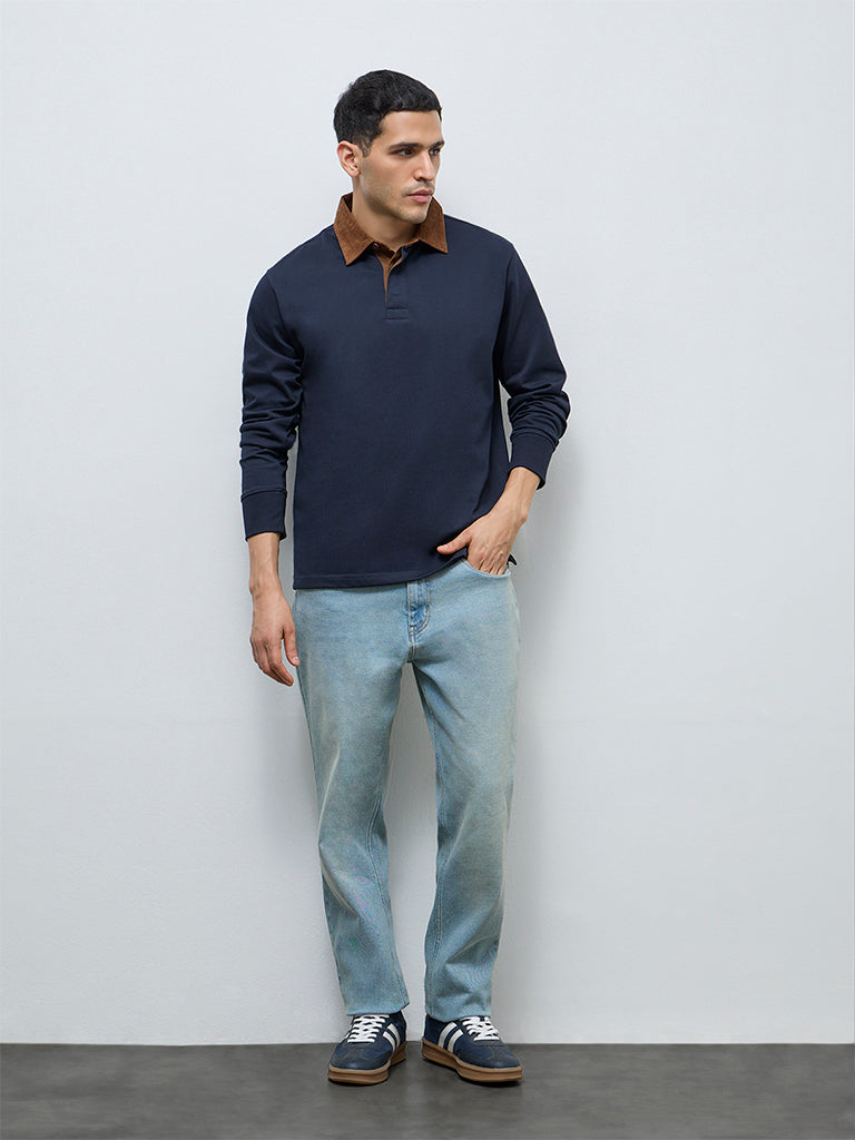 WES Casuals Navy Solid Relaxed-Fit Cotton Polo T-Shirt