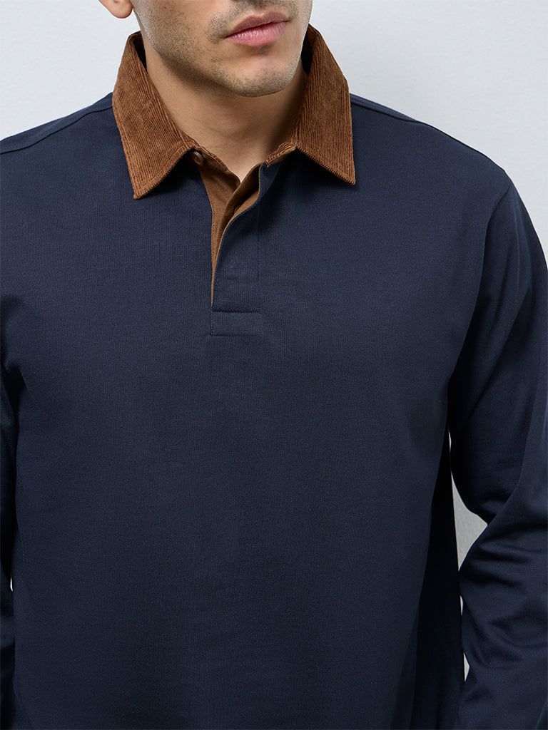 WES Casuals Navy Solid Relaxed-Fit Cotton Polo T-Shirt