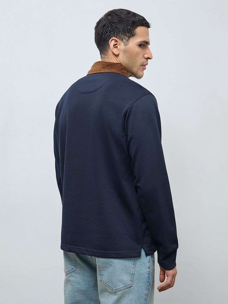 WES Casuals Navy Solid Relaxed-Fit Cotton Polo T-Shirt