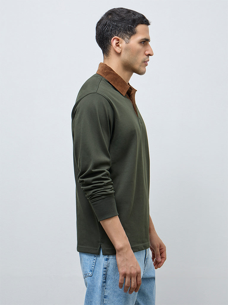 WES Casuals Olive Solid Relaxed-Fit Cotton Polo T-Shirt