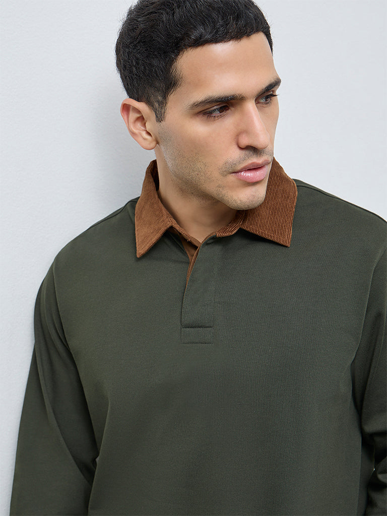 WES Casuals Olive Solid Relaxed-Fit Cotton Polo T-Shirt