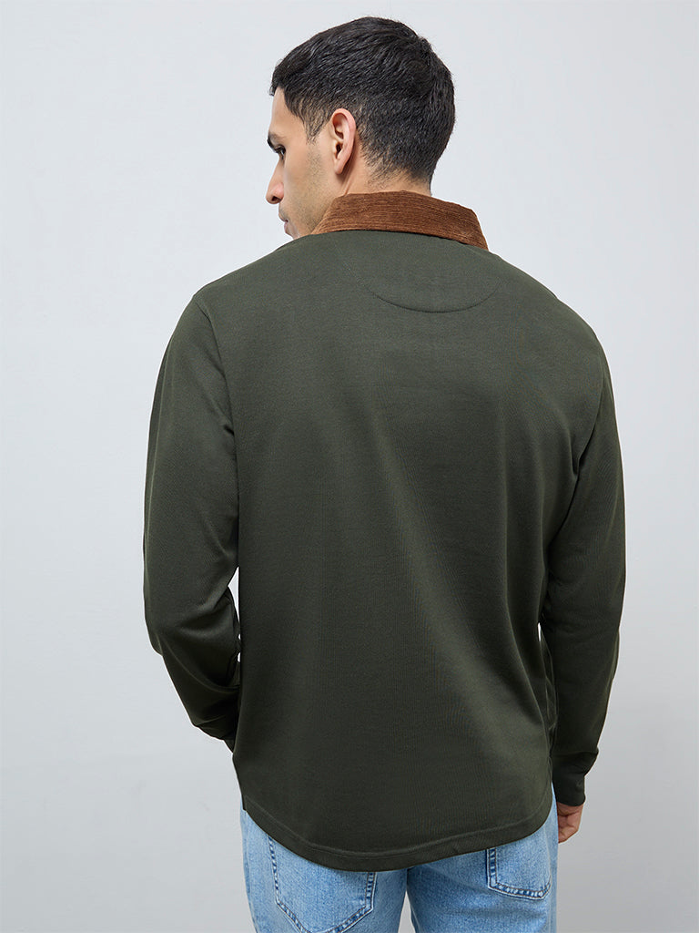 WES Casuals Olive Solid Relaxed-Fit Cotton Polo T-Shirt