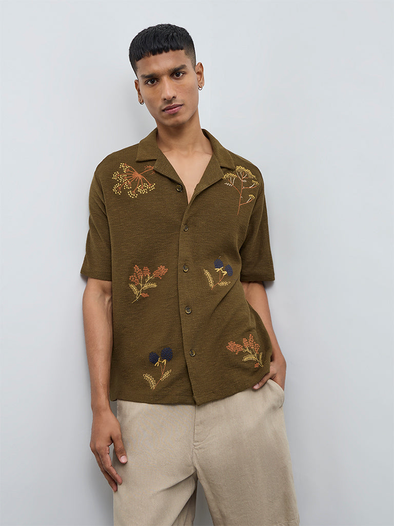 ETA Olive Floral Embroidered Relaxed-Fit Cotton Shirt