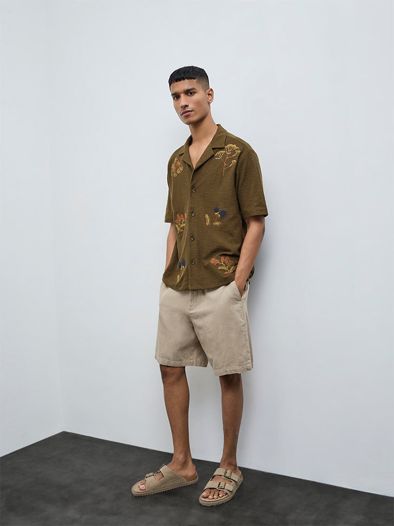 ETA Olive Floral Embroidered Relaxed-Fit Cotton Shirt