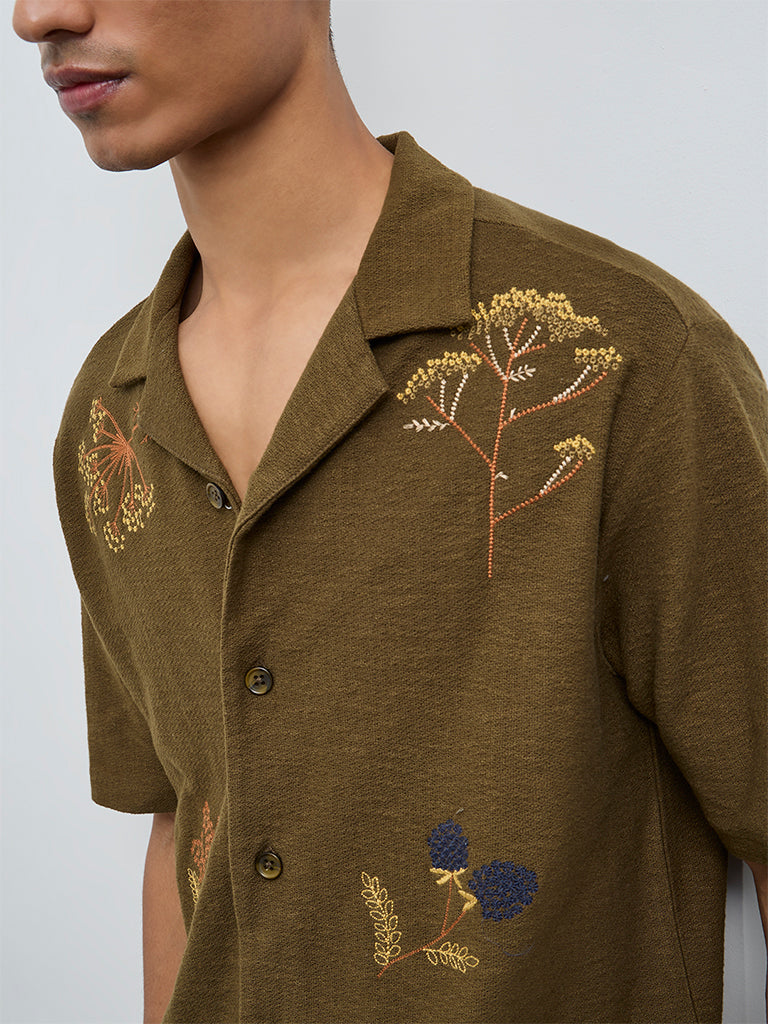 ETA Olive Floral Embroidered Relaxed-Fit Cotton Shirt