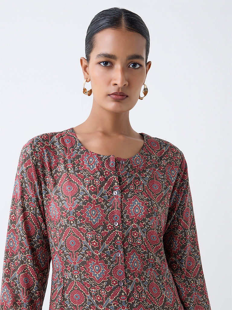 Zuba Maroon Ajrakh Printed A-Line Kurta