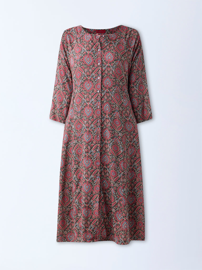 Zuba Maroon Ajrakh Printed A-Line Kurta