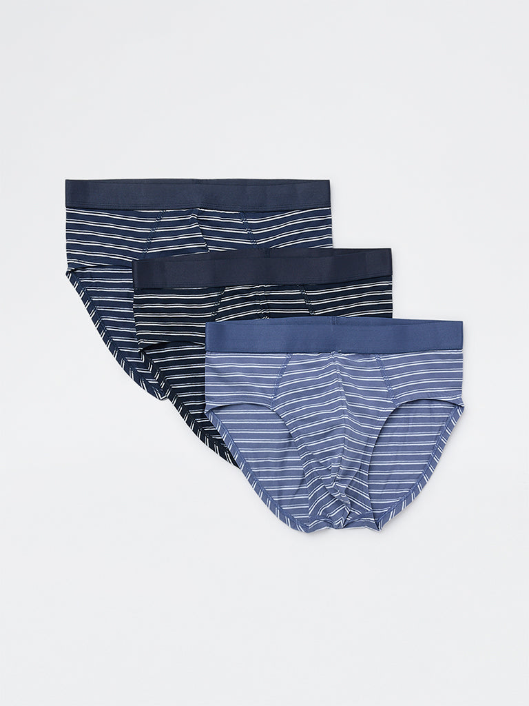 WES Lounge Blue Striped Cotton-Blend Briefs - Pack of 3