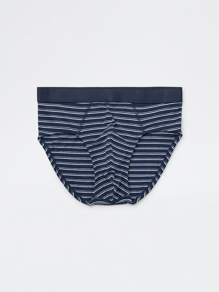 WES Lounge Blue Striped Cotton-Blend Briefs - Pack of 3