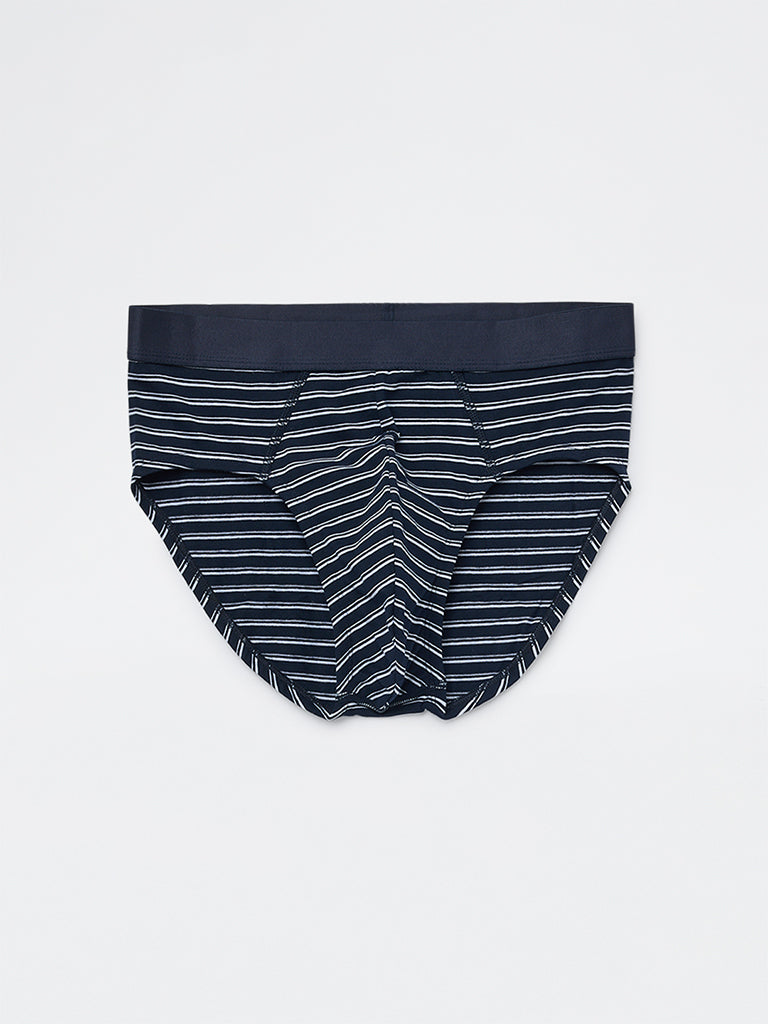 WES Lounge Blue Striped Cotton-Blend Briefs - Pack of 3