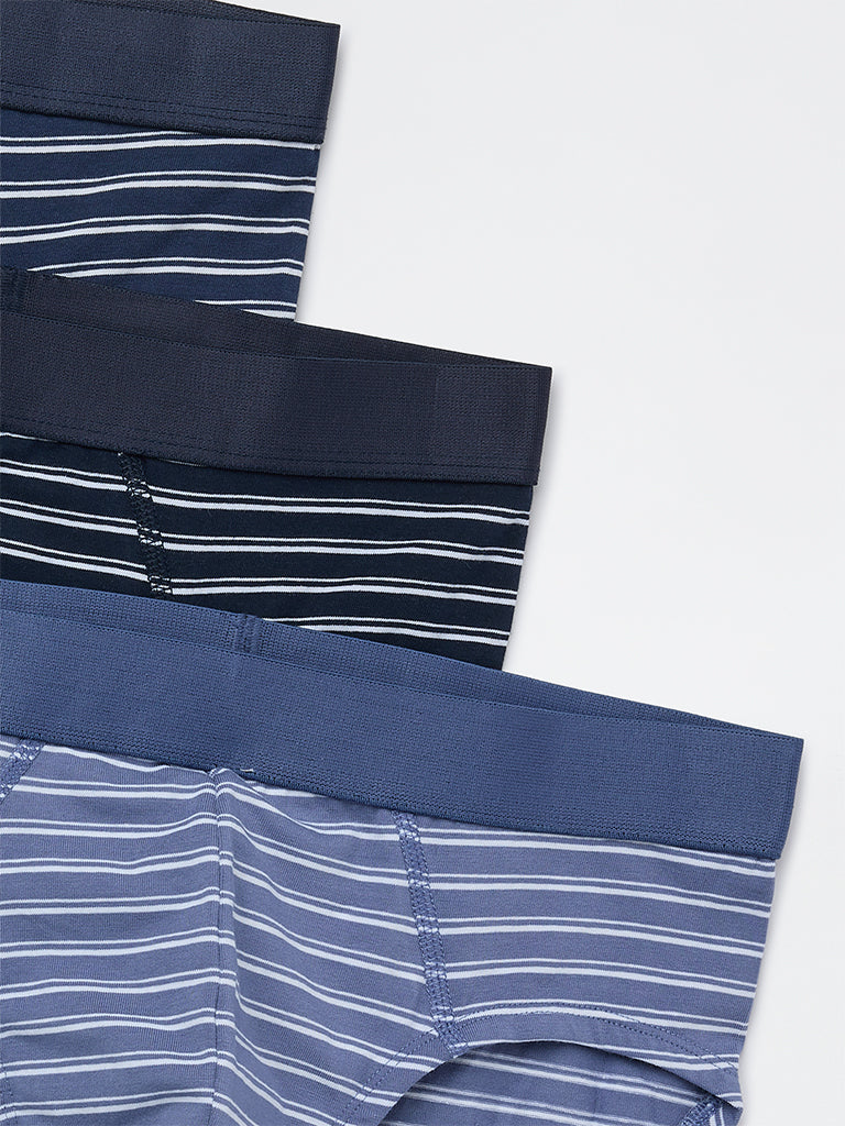 WES Lounge Blue Striped Cotton-Blend Briefs - Pack of 3