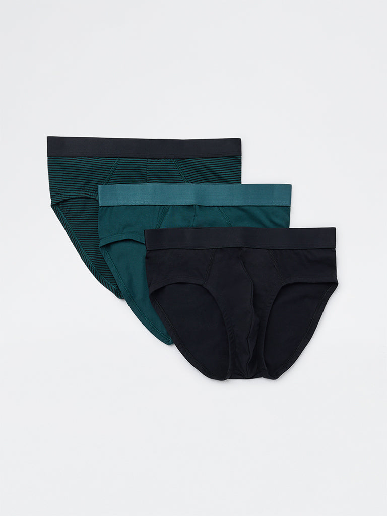 WES Lounge Green Striped Cotton-Blend Briefs - Pack of 3