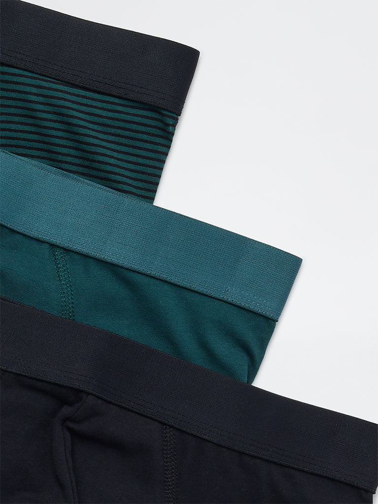 WES Lounge Green Striped Cotton-Blend Briefs - Pack of 3