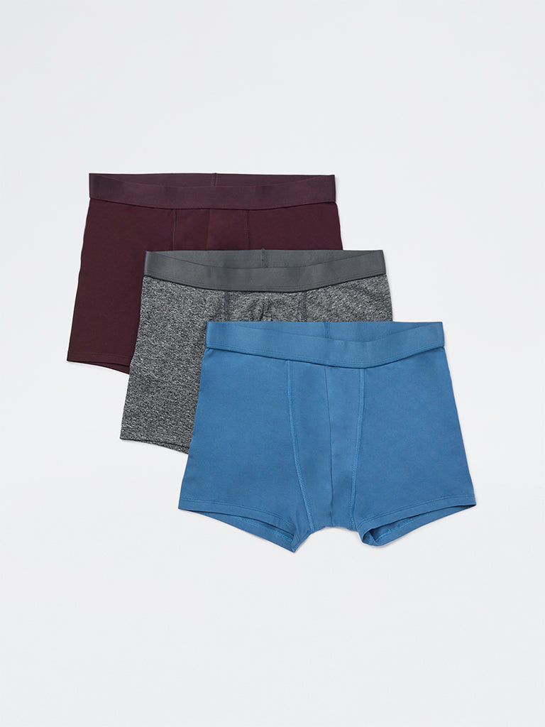 WES Lounge Wine Solid Cotton-Blend Trunks - Pack of 3