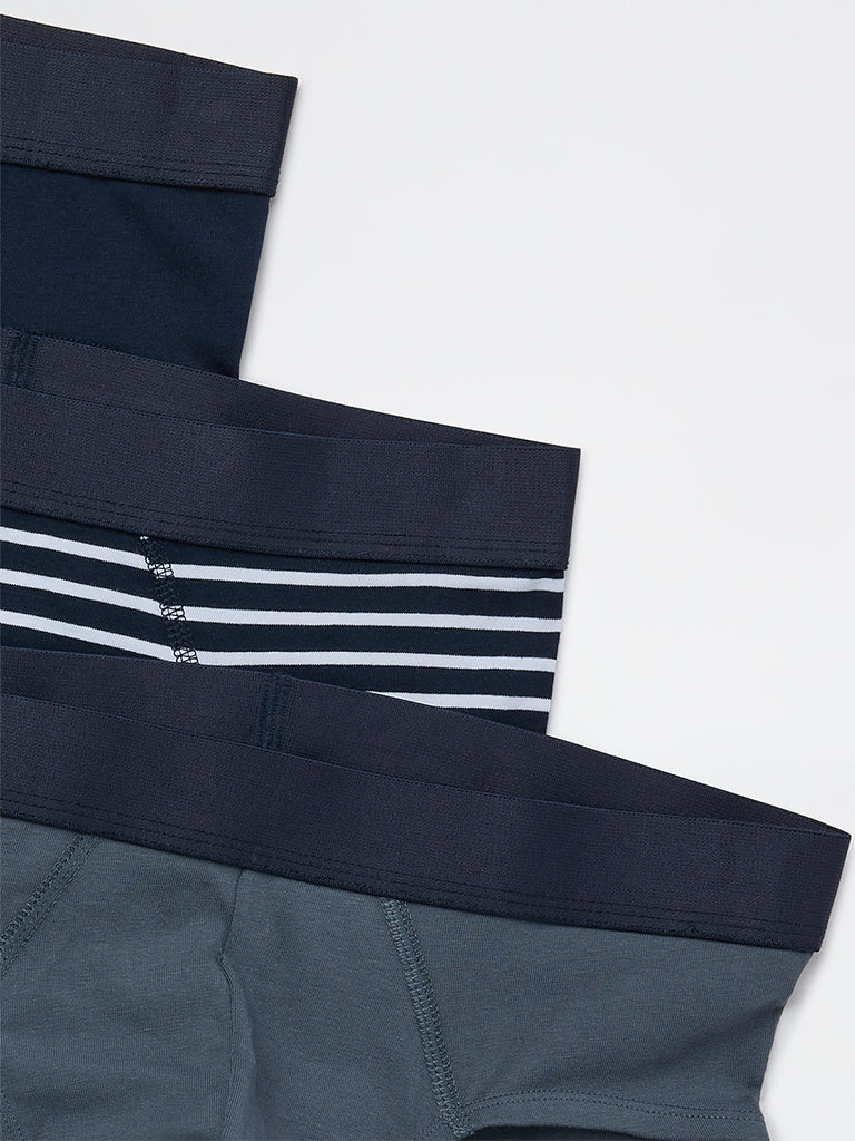 WES Lounge Blue Striped Cotton-Blend Briefs - Pack of 3
