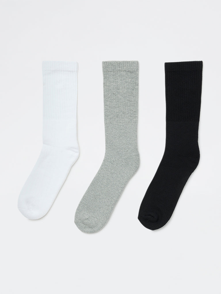 WES Lounge Grey Cotton-Blend Full Length Socks - Pack of 3